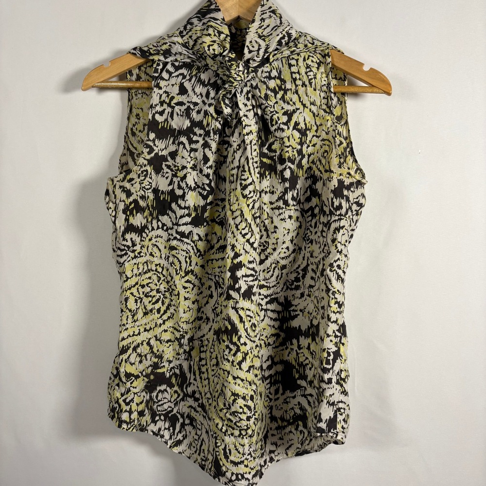 Etcetera Y2K Citron Yellow & Espresso Brown Ivory 100% Silk Paisley Top - Size 8